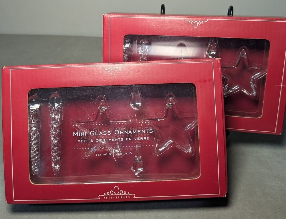 Pottery Barn Mini Glass Christmas Ornaments 2 Boxes Icicles Stars Drops NIB
